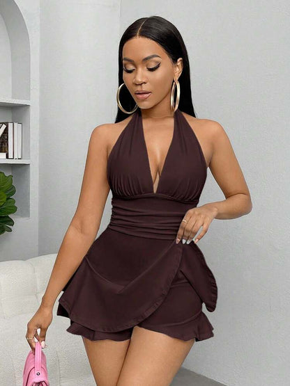 Sexy Deep V-neck Halter Short Dress