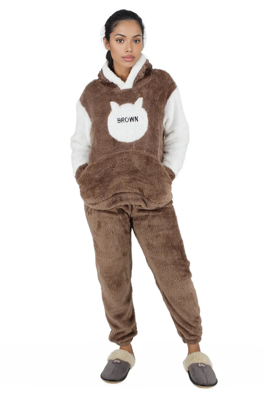 Fluffy Hooded Two Toned Sleepwear Set