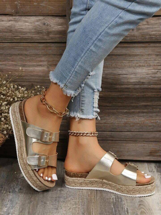 Women's solid sandals-Double bands